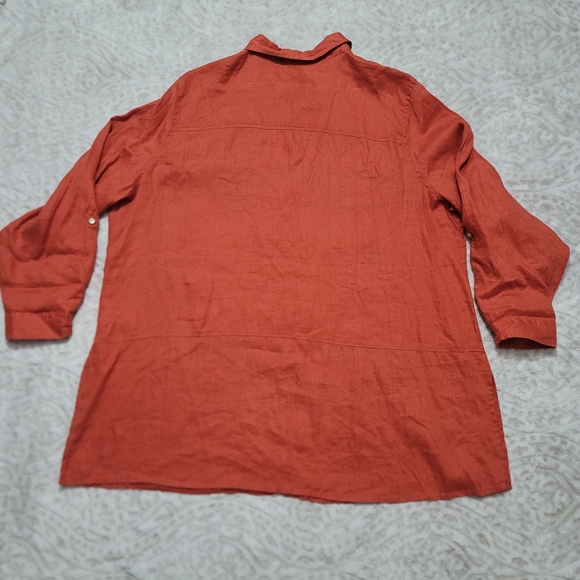 Tahari  Roll-Tab Sleeve Button Down Tunic Top Women’s Size 3X 100%Linen Orange - Picture 2 of 16